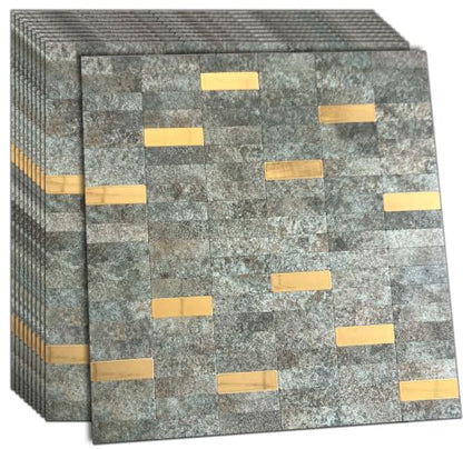 XUANINY Peel and Stick Tile Backsplash Self- Adhesive Wall Tiles Aluminum Mosaic Sticker for Kitchen (11.33"x11.92" Per Sheet, Pack of 10 pcs) (Golden Green 10) - color: Golden Green 10