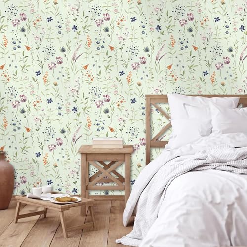 HLNIUC Flower Wallpaper,Floral Wall Papers Self Adhesive,Green Wallpaper Bedroom(44x300cm) Light Green Botanical Wall Paper,Plants Flower Leaf Wallpapers for Cabinets Countertops Covering - color: Flower 3