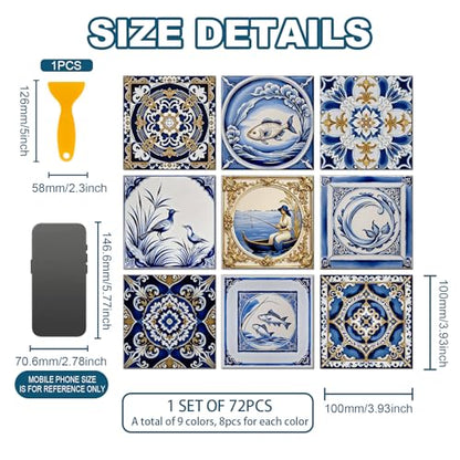72 Pcs 9 Style Talavera Pattern Peel and Stick Wall Tile Sticker Mexican Pattern Wall Stickers Waterproof Self Adhesive Stick on Tile Decals for Kitchen Bathroom Art Decor, 4×4 Inch - style: Talavera Pattern