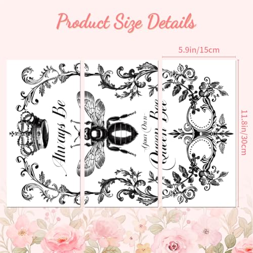 Peacoblue Black White Bee Rub On Transfers for Furniture 6"x12" - style: Vintage Black and White Bee