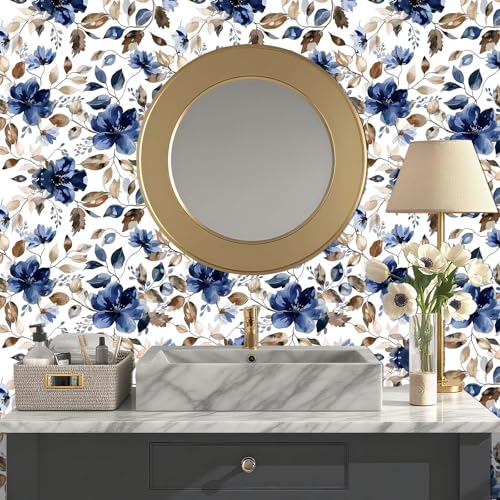 Modern Blue Floral Peel and Stick Wallpaper 17.7"x 70.7" - color: Blue/Brown, size: 17.7" x 70.8"