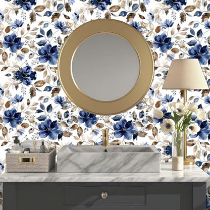 Modern Blue Floral Peel and Stick Wallpaper 17.7"x 70.7" - color: Blue/Brown, size: 17.7" x 70.8"