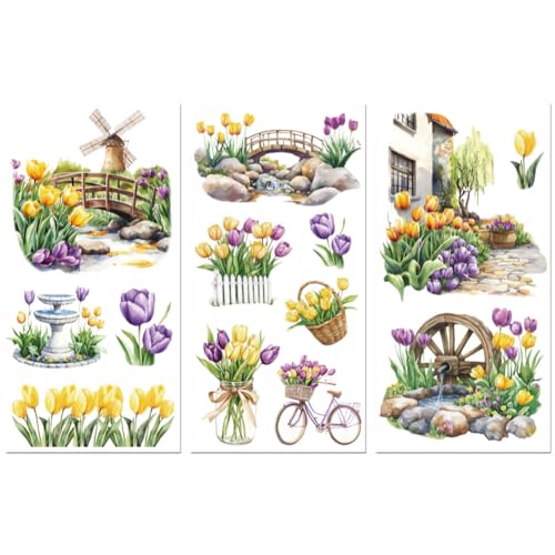 Peacoblue Tulips and Landscape Rub On Transfers for Furniture Craft 6"x12" - style: Tulips and Landscape