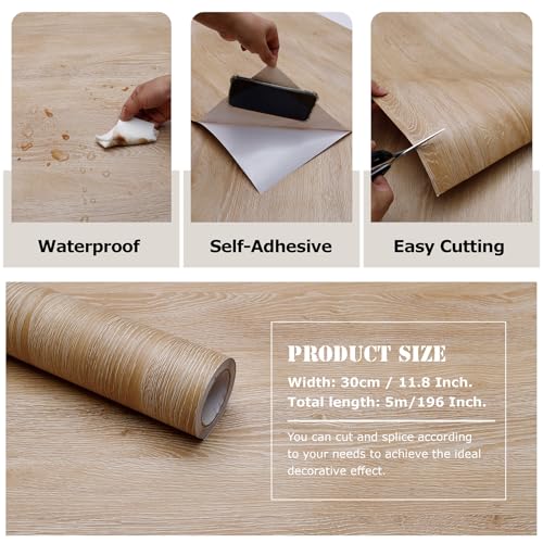 Peel and Stick Wallpaper Contact Paper Natural Oak Wood Grain Contact Paper Thicken Textured for Cabinets and Drawers Countertops Waterproof Self Adhesive Vinyl 11.8" x 196" - color: Natural Oak, size: 11.8"W x 196"L