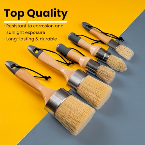 Chalk Paint Brush, Wax Paint Brush Set of 5, Natural Bristle - size: 1 Large + 1 Medium + 3 Small, 5 Pack