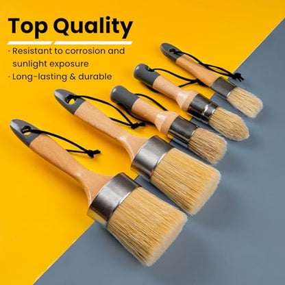 Chalk Paint Brush, Wax Paint Brush Set of 5, Natural Bristle - size: 1 Large + 1 Medium + 3 Small, 5 Pack