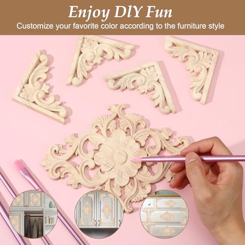 20 Pcs (4 Set) Wooden Appliques Decorative Carved Onlays, Wooden Carved Appliques DIY Decoration for Wood Furniture, Wood Carving Decals for Wall Cupboard Door Bed Cabinet