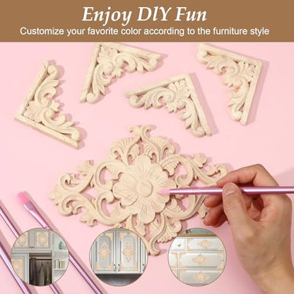 20 Pcs (4 Set) Wooden Appliques Decorative Carved Onlays, Wooden Carved Appliques DIY Decoration for Wood Furniture, Wood Carving Decals for Wall Cupboard Door Bed Cabinet