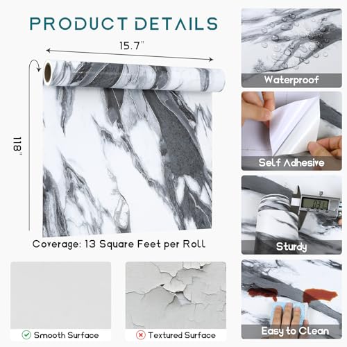 VEELIKE Modern Black and White Liquid Marble Contact Paper for Countertops Waterproof Kitchen Countertop Peel and Stick Marble Wallpaper 15.7''x118'' Adhesive Granite Contact Paper for Bathroom Table - size: 15.7" x 118"