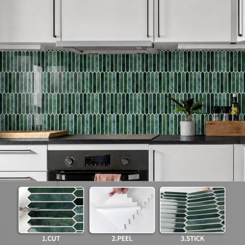 10 Sheet Long Hexagon Peel and Stick Backsplash Tile, 12"x12" 3D Adhesive Glossy Marble Vinyl Stick on Wall Tiles for Bathroom, Kitchen, Living Room (DarkGreen, 12" x 12") - color: Darkgreen