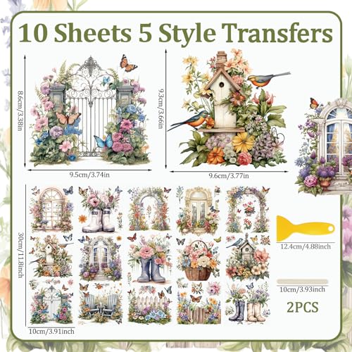 WANDIC 10 Sheets 30 Pcs Rub On Transfers for Crafts, Vintage Flower Rub on Transfers Butterfly Waterproof Furniture Stickers for Wood Glass Plastic Leather Window Easter Cards DIY Craft, 11.8 * 3.9in