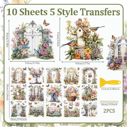 WANDIC 10 Sheets 30 Pcs Rub On Transfers for Crafts, Vintage Flower Rub on Transfers Butterfly Waterproof Furniture Stickers for Wood Glass Plastic Leather Window Easter Cards DIY Craft, 11.8 * 3.9in