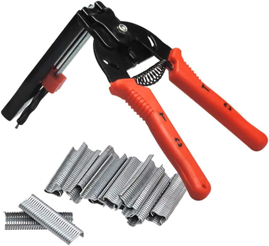 Hog Ring Pliers Kit with 600 Pcs of Galvanized Steel Hog Rings, Hog Ring Chicken Duck Goose Dog Cat Rabbit Kit Clamp with Nail Groove, Repair Hand Tools for Animal Cages, Wire Fencing, Railing-Red - color: Red