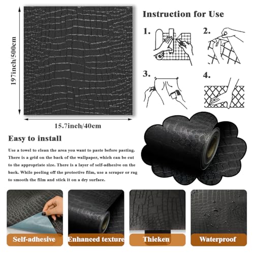 Black Peel and Stick Wallpaper Textured Contact Paper 15.7"×197" - size: 15.7" x 197"