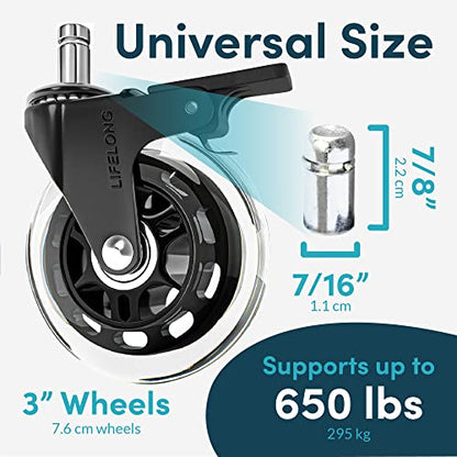 Lifelong Brake Office Chair Wheels Replacement, Heavy Duty, 5-Pack Fits 98% - color: Clear - Brake, size: 3 Inch