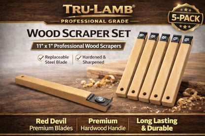 Tru-Lamb Floor Scrapers, 5 Pack, Paint, Stain & Varnish Removal Tools with Red Devil Blades, Professional Scrapers for Surface Prep and Finish Removal (5 Pack, 11" x 1") - size: 11" x 1"