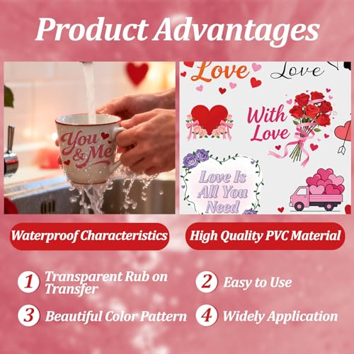 WANDIC 3 Sheets Rub On Transfer Stickers, Valentine's Day Text Waterproof Decals Furniture Craft Junk Journals for DIY Scrapbooking, 15 * 30cm - color: Pink, size: 3 Sheets