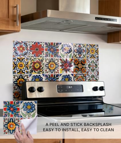 6 Sheets 9x9 Inch Peel and Stick Tile Backsplash Stickers, Talavera Mexican Spanish Mediterranean Vinyl Wall Tiles, Waterproof Self-Adhesive Removable DIY Decals for Kitchen Bathroom - color: Red