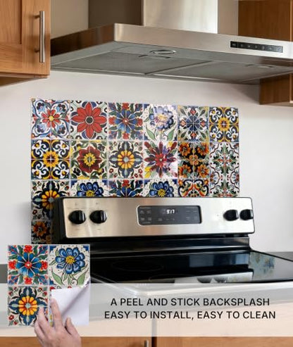 6 Sheets 9x9 Inch Peel and Stick Tile Backsplash Stickers, Talavera Mexican Spanish Mediterranean Vinyl Wall Tiles, Waterproof Self-Adhesive Removable DIY Decals for Kitchen Bathroom - color: Red