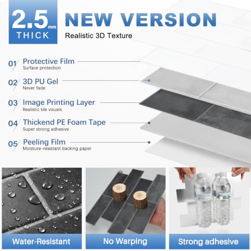 Thicker Design Peel and Stick Wall Tile，Self Adhesive Backsplash Tiles for Kitchen & Bathroom (10 Sheets, Grey) - color: Gray