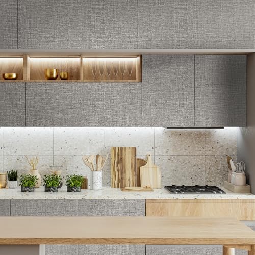 WADILE Grasscloth Peel and Stick Wallpaper 15.7in x 787.4in, Textured Contact Paper for Cabinets, Faux Linen Wall Paper Pull and Stick, Fabric Vinyl Wallpaper Self Adhesive Light Gray - color: Light Gray, size: 15.7" x 787.4"