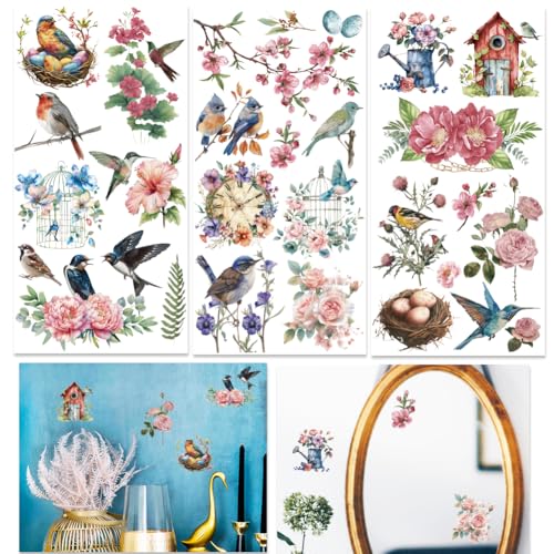 INFUNLY 3 Sheet Hummingbirds Rub on Transfers 6x12 Flowers Furniture Rub on Transfer Stickers Vintage Rub on Floral Transfer Decals Waterproof for Wood Glass Scrapbook DIY Paper Home Decor - style: Flowers and Birds