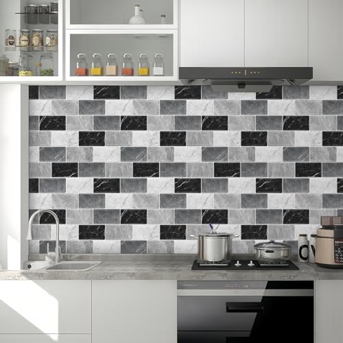 10 Sheets Peel and Stick Backsplash for Kitchen 12"X12" Renter Friendly Backsplash Back Splash Adhesive Subway Wall Tile Flat Vinyl Sticker for Bathroom Grey Marble (Not 3D Tile)