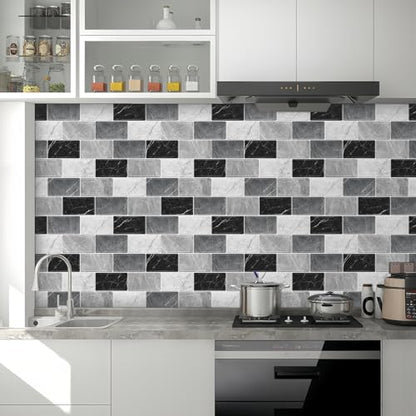 10 Sheets Peel and Stick Backsplash for Kitchen 12"X12" Renter Friendly Backsplash Back Splash Adhesive Subway Wall Tile Flat Vinyl Sticker for Bathroom Grey Marble (Not 3D Tile)