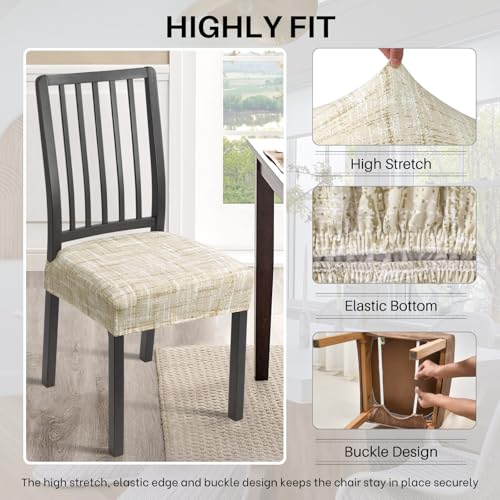 SearchI Dining Chair Seat Covers Set of 4, Rear Covered, Beige Linen-Look - color: Beige Linen-look Print