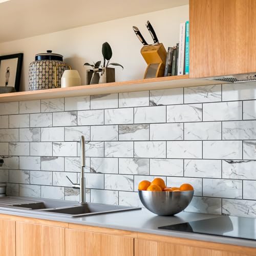 STICKGOO 10-Sheet Backsplash Peel and Stick Subway Tile(Thicker Design) - color: Glossy Grey Marble