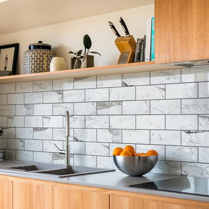 STICKGOO 10-Sheet Backsplash Peel and Stick Subway Tile(Thicker Design) - color: Glossy Grey Marble