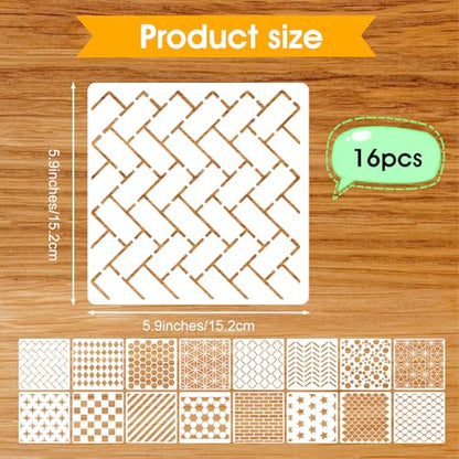 Xindojuz 16Pcs Geometric Stencils for Crafts Reusable, Plastic Texture Planner Stencils Layering Stencil for Painting on Wood, Wall, Furniture, Scrapbooking Fabrics Decor DIY Supplies (6x6 Inch)