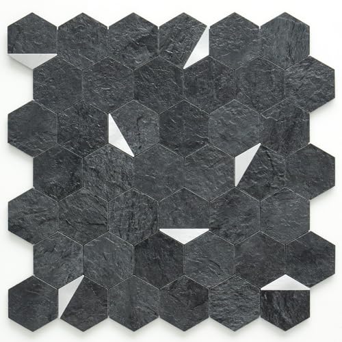 DICOFUN 1-Sheet 12"x12" Black Slate Hexagon Tile Peel and Stick Backsplash, PVC Mixed Silver Metal Mosaic Tiles for Kitchen and Bathroom - color: Black Slate + Silver Metal Chip, size: 1 Sheet, 12''x12''x0.12''