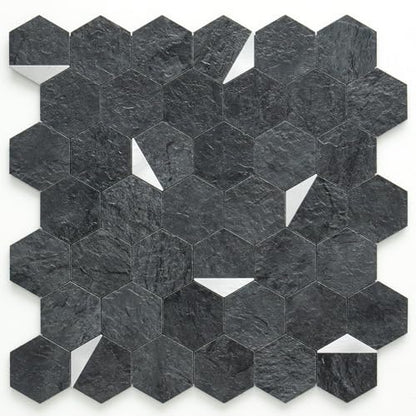 DICOFUN 1-Sheet 12"x12" Black Slate Hexagon Tile Peel and Stick Backsplash, PVC Mixed Silver Metal Mosaic Tiles for Kitchen and Bathroom - color: Black Slate + Silver Metal Chip, size: 1 Sheet, 12''x12''x0.12''
