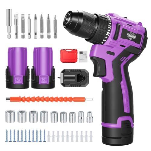 Purple Brushless Cordless Drill Set, 12V Compact Power Driver Kit with Electric Motor, Torque Setting, 50 N.m, 2 Variable Speed, Driver Bits, and Tool Box for Women Men Home DIY