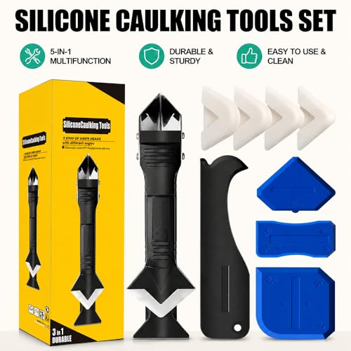 9 Pieces Silicone Caulking Tool Kit with 5 Silicone Tips Scrapers, Grout Removal Scraper Set, Sealant Finishing Tool with Multi Angle Scrapers, Residue Remover Tools for Kitchen Bathroom Window Sink