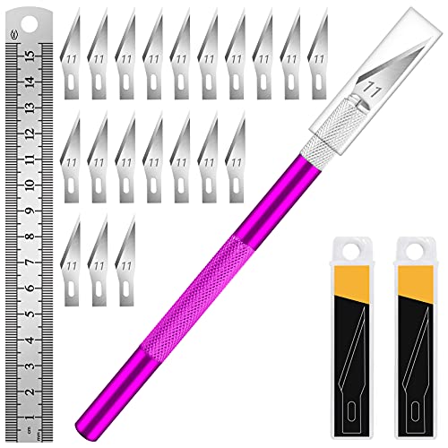 DIYSELF Craft Knife Set with 20 Extra #11 Blades, Aluminum Handle, Ruler - color: Purple-20pcs