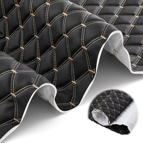 SmoothNovelty 1.1 Yards Diamond Quilted Vinyl Headliner Material 55 in Wide Faux Leather with Foam Backed 2" x 3" Diamonds Pattern Fabric for Car Furniture Upholstery(Black, Yellow Thread) - color: Black, Yellow Thread, size: 1.1 Yards