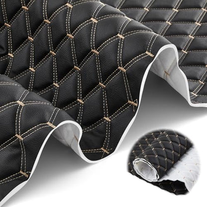 SmoothNovelty 5.5 Yards Diamond Quilted Vinyl Headliner Material 55 in Wide Faux Leather with Foam Backed 2" x 3" Diamonds Pattern Fabric for Car Furniture Upholstery(Black, Yellow Thread) - color: Black, Yellow Thread, size: 5.4 Yards