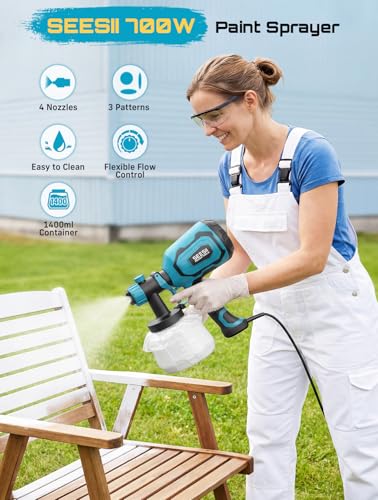 SEESII Paint Sprayer,700W HVLP Paint Gun with 4 Nozzles and 3 Patterns