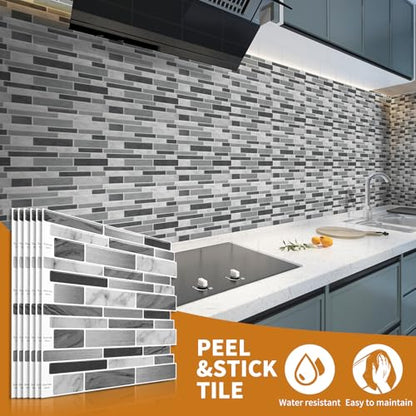 WOWSTAR 10-Sheet Peel and Stick Tiles, Marble Look Kitchen Backsplash Tiles, 12"x12" (Gray Marble) - color: Gray