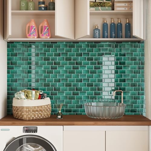 CRE8TIVE 16 Sheets Peel and Stick Subway Tile Green Backsplash Tiles for Kitchen Peel and Stick Tile Stickers Waterproof 12"x12" Renter Friendly Back Splash Stick on Tiles for Bathroom Wall Fireplace - size: 12"x12" (16-Sheets)