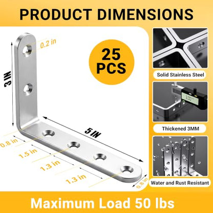 25Pcs Stainless Steel Angle Brackets 3”x 5” Heavy Duty Corner Brackets - size: Silver-5x3 Inch