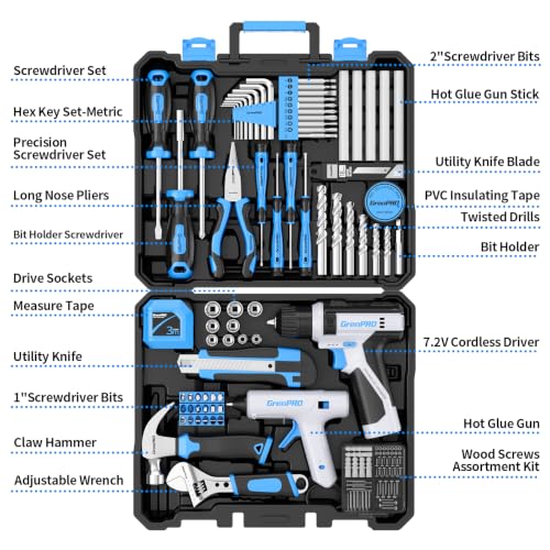 GRENPRO 188PC Blue Cordless Drill Tool Set for Wo&Men Tool Kit for Home Box - style: Blue Power Drill Set 188PC