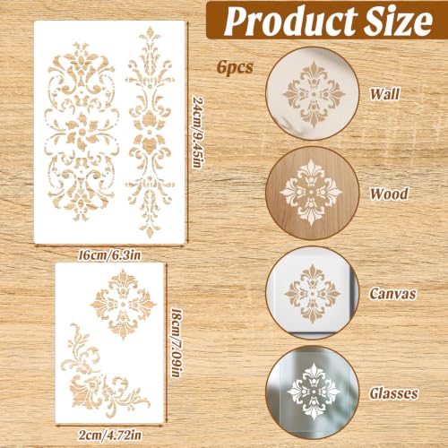 6PCS Border Stencils for Painting, Reusable Stencils for Crafts with 3 Designs for Wood, Wall, Fabric, Transparent White Pet