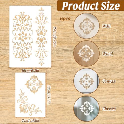 6PCS Border Stencils for Painting, Reusable Stencils for Crafts with 3 Designs for Wood, Wall, Fabric, Transparent White Pet