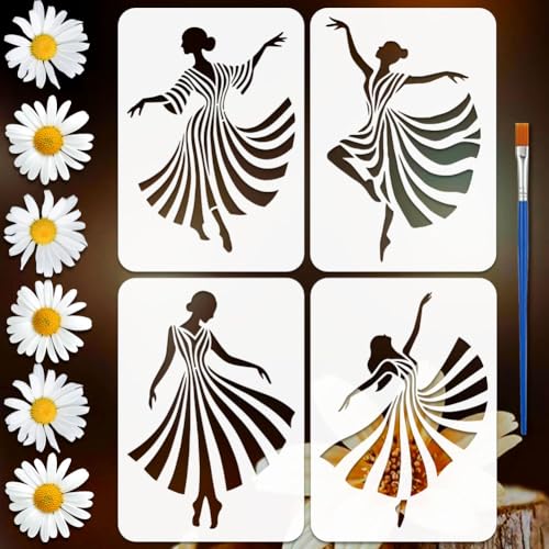 FINGERINSPIRE 4 Pcs Line Dance Figure Painting Stencil with Paintbrush 11.7x8.3inch Reusable Dancers Silhouette Stencil Reusable Plastic Template for Wood Wall Furniture Home Gift Decoration - style: Line Dance Figure