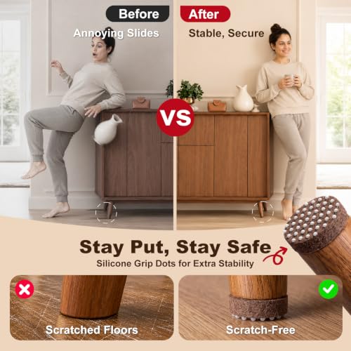 Felt Furniture Pads for Hardwood Floors - Non Slip Chair Leg Protectors with Silicone Gripper Dots - 0.2" Extra Thick Floor Protection for Dining Tables & Chairs, 1 Inch Round, 48 Pack, Brown