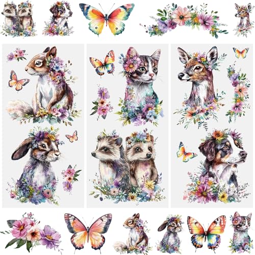 WANDIC 3 Sheets Rub On Transfer Stickers, Colorful Animals Decals Furniture Craft Decorative for DIY Scrapbooking Photo Albums,15 * 30cm - color: Colorful Animals and Flowers