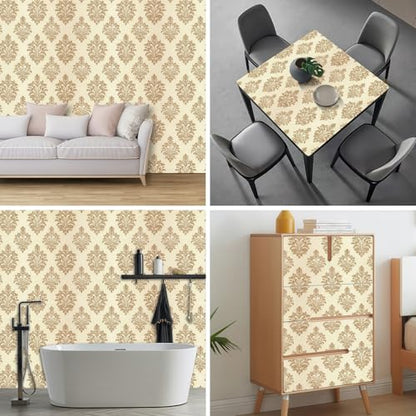 HOMETITUTE Beige Gold Damask Peel Stick Wallpaper 118.1x17.7 Inch Vinyl - color: Gold Damask on Beige Background